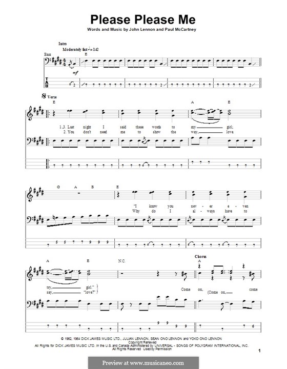 Please Please Me (The Beatles): For bass guitar by John Lennon, Paul McCartney