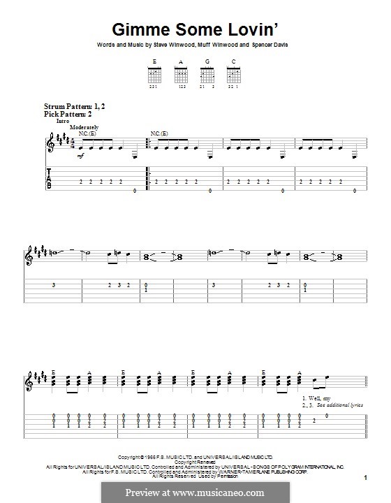Gimme Some Lovin' (The Spencer Davis Group): For guitar (very easy version) by Muff Winwood, Spencer Davis, Steve Winwood