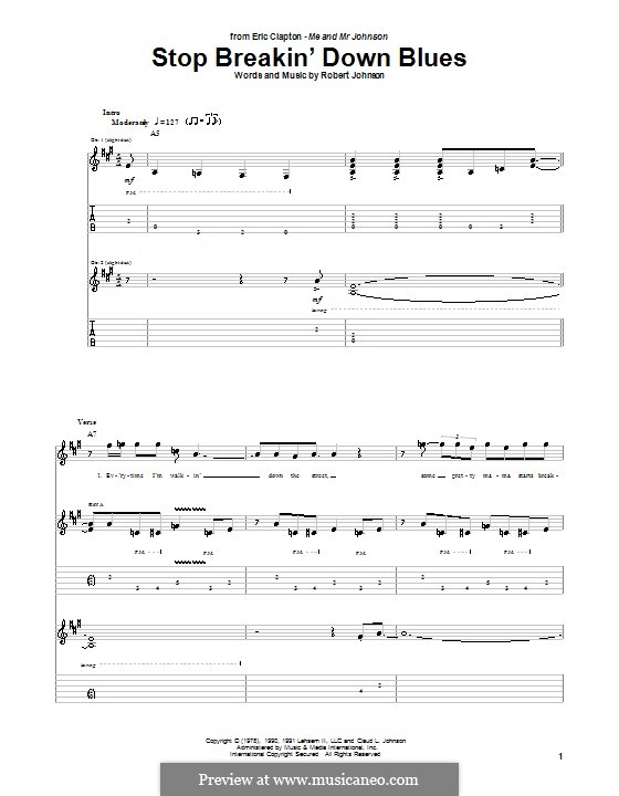 Stop Breakin' Down Blues (Eric Clapton): For guitar with tab by Robert Leroy Johnson