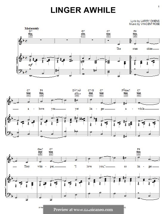 Linger Awhile (Duke Ellington): Für Stimme und Klavier (oder Gitarre) by Harry Owens, Vincent Rose