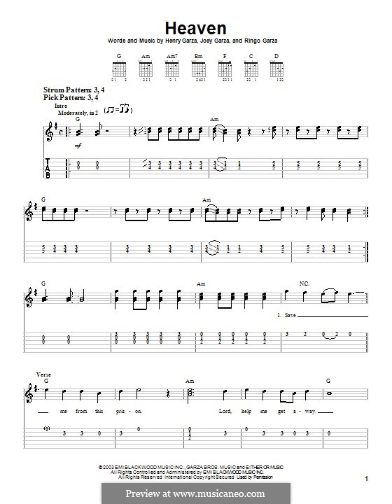 Heaven (Los Lonely Boys): Für Gitarre (Sehr leichte Fassung) by Henry Garza, Joey Garza, Ringo Garza