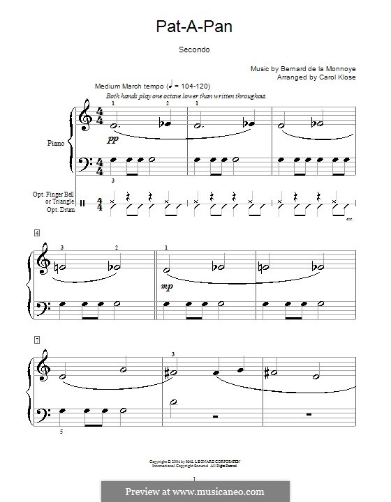 Pat-a-Pan (Willie, Take Your Little Drum): Für Klavier, vierhändig by Bernard de la Monnoye