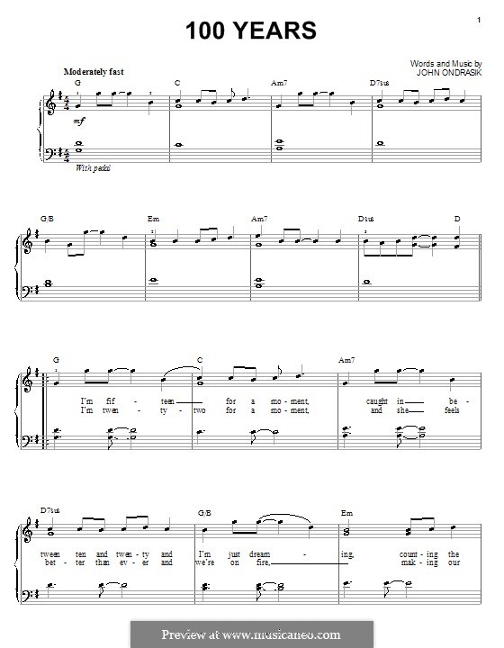 100 Years (Five for Fighting): Einfache Noten für Klavier by John Ondrasik