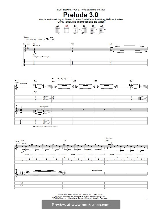 Prelude 3.0 (Slipknot): Für Gitarre mit Tabulatur by Chris Fehn, Corey Taylor, M. Shawn Crahan, Mic Thompson, Nathan Jordison, Paul Gray, Sid Wilson