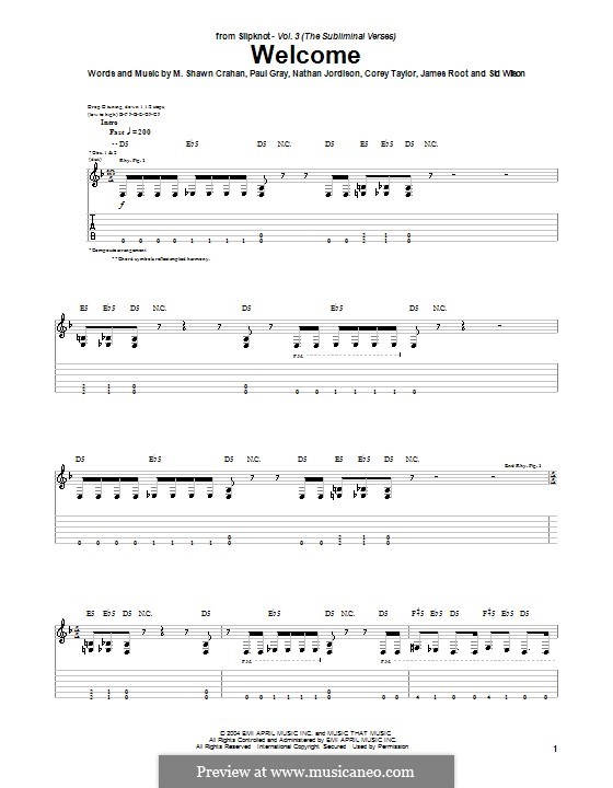 Welcome (Slipknot): Für Gitarre mit Tabulatur by Corey Taylor, James Root, M. Shawn Crahan, Nathan Jordison, Paul Gray, Sid Wilson