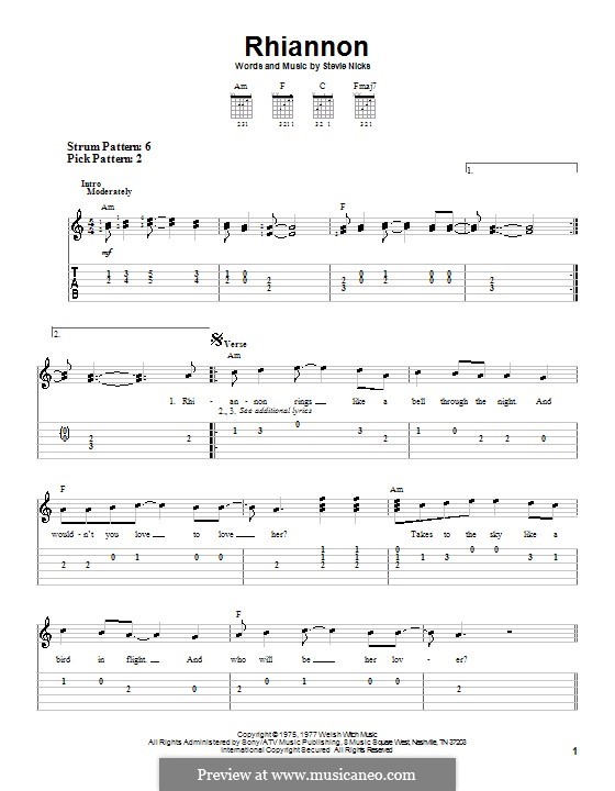 Rhiannon (Fleetwood Mac): Für Gitarre (Sehr leichte Fassung) by Stevie Nicks