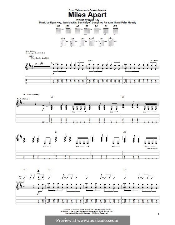Miles Apart (Yellowcard): Für Gitarre mit Tabulatur by Ben Harper, Longineu Parsons III, Peter Mosely, Ryan Key, Sean Mackin