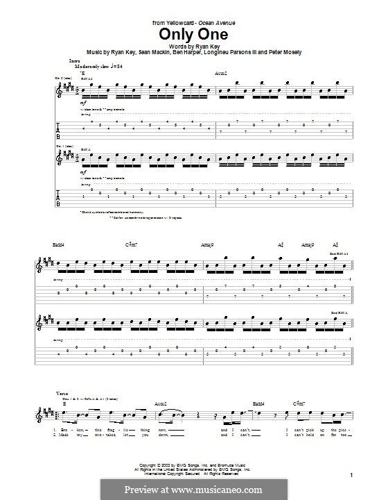 Only One (Yellowcard): Für Gitarre mit Tabulatur by Ben Harper, Longineu Parsons III, Peter Mosely, Ryan Key, Sean Mackin