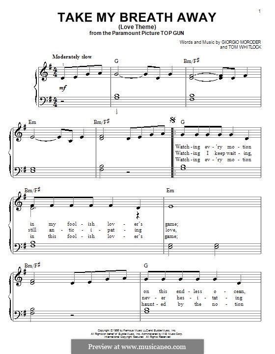 Take My Breath Away (Berlin): Einfache Noten für Klavier by Giorgio Moroder