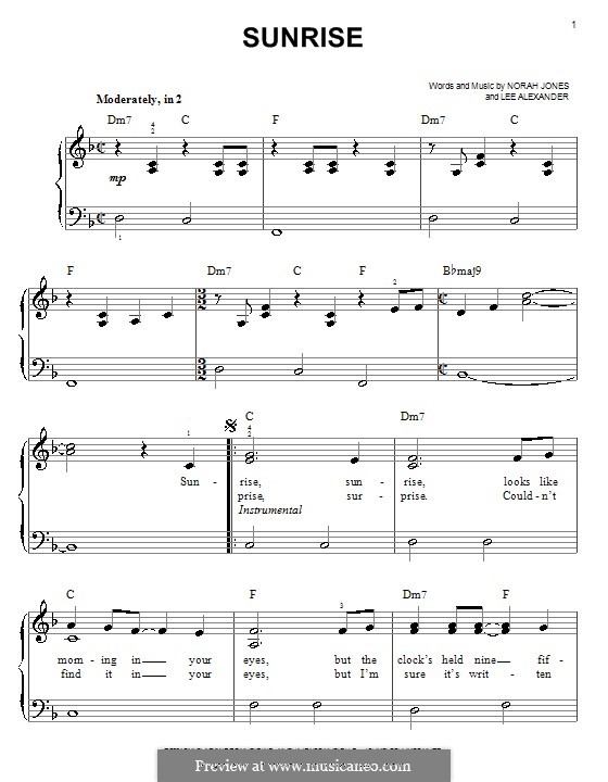Sunrise (Norah Jones): Einfache Noten für Klavier by Lee Alexander, Norah Jones