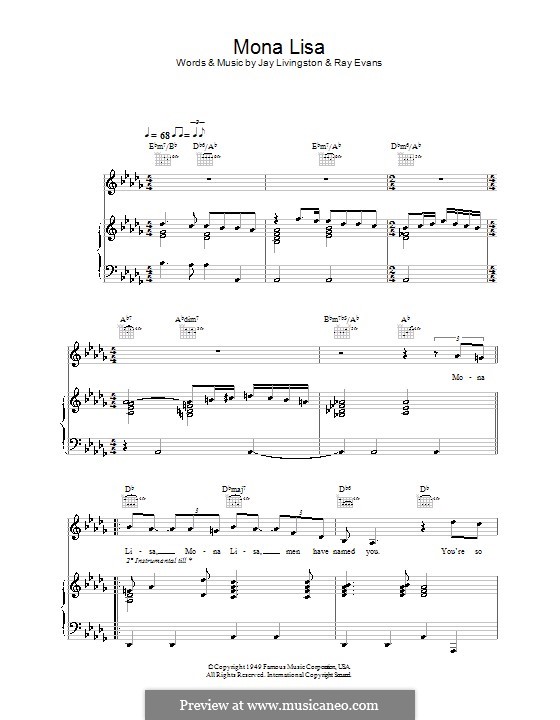 Mona Lisa (Nat King Cole): Für Stimme und Klavier (oder Gitarre) by Jay Livingston, Raymond Evans