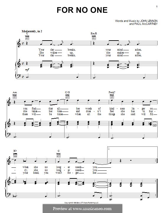 For no One (The Beatles): Für Stimme und Klavier (oder Gitarre) by John Lennon, Paul McCartney