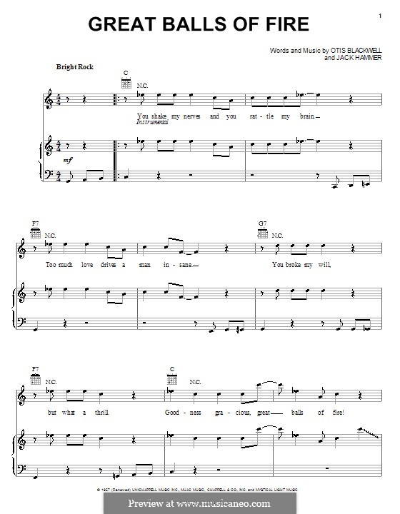 Great Balls of Fire (Jerry Lee Lewis): Für Stimme und Klavier oder Gitarre (C-Dur) by Jack Hammer, Otis Blackwell