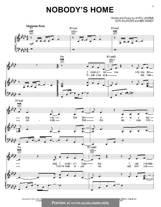Nobody's Home (Avril Lavigne): Für Stimme und Klavier (oder Gitarre) by Ben Moody, Don Gilmore