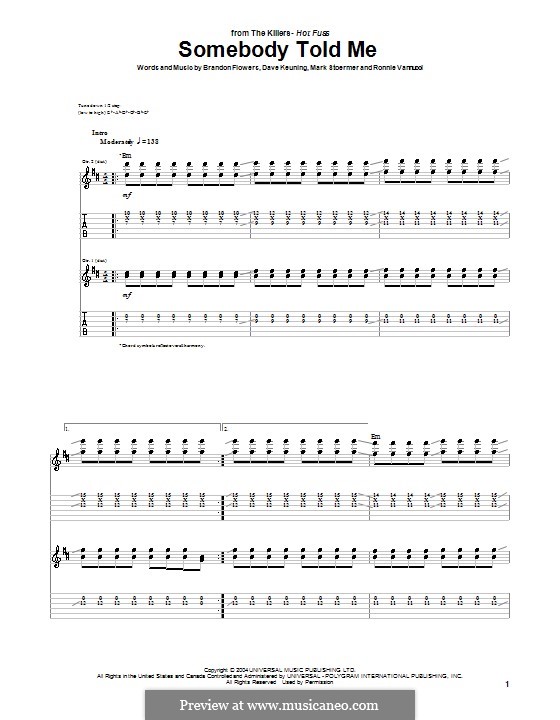 Somebody Told Me (The Killers): Für Gitarre mit Tabulatur by Brandon Flowers, Dave Keuning, Mark Stoermer, Ronnie Vannucci