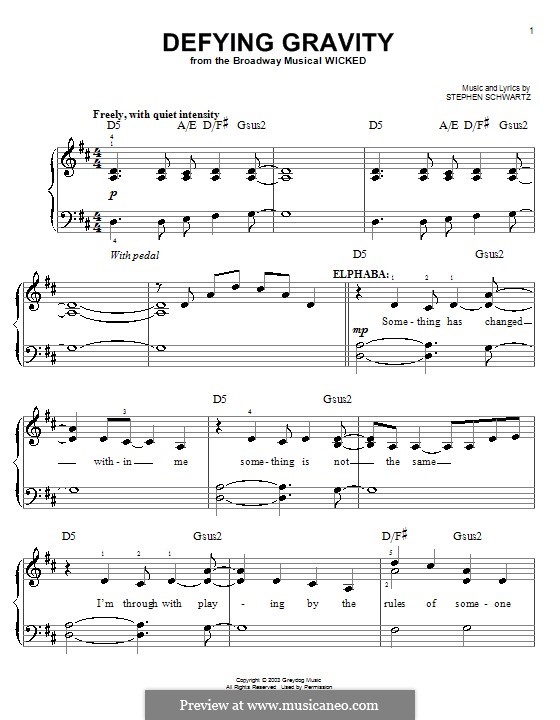 Defying Gravity (from the Broadway Musical Wicked): Für Klavier (leicht, mit Akkordenbezeichnung) by Stephen Schwartz