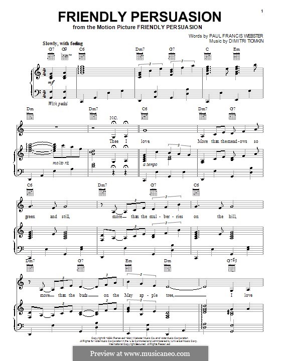 Friendly Persuasion (Pat Boone): Für Stimme und Klavier (oder Gitarre) by Dimitri Tiomkin, Paul Francis Webster