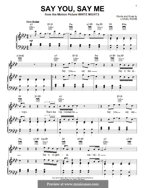 Say You, Say Me: Für Stimme und Klavier (oder Gitarre) by Lionel Richie