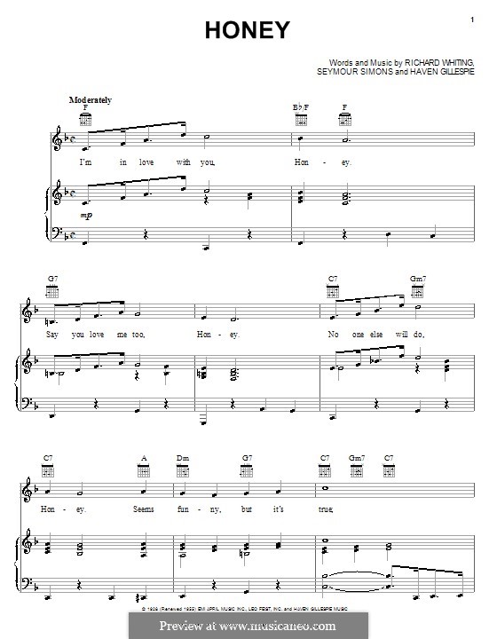 Honey: Für Stimme und Klavier (oder Gitarre) by Haven Gillespie, Richard A. Whiting, Seymour Simons