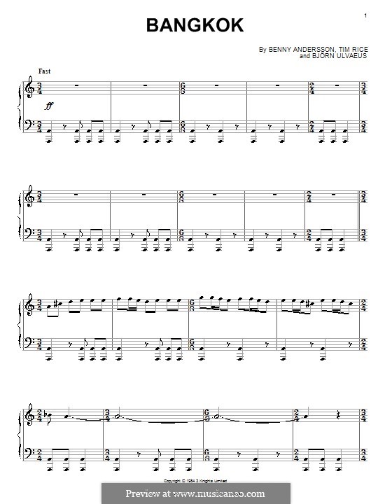 Bangkok (from Chess): Für Klavier by Benny Andersson, Björn Ulvaeus