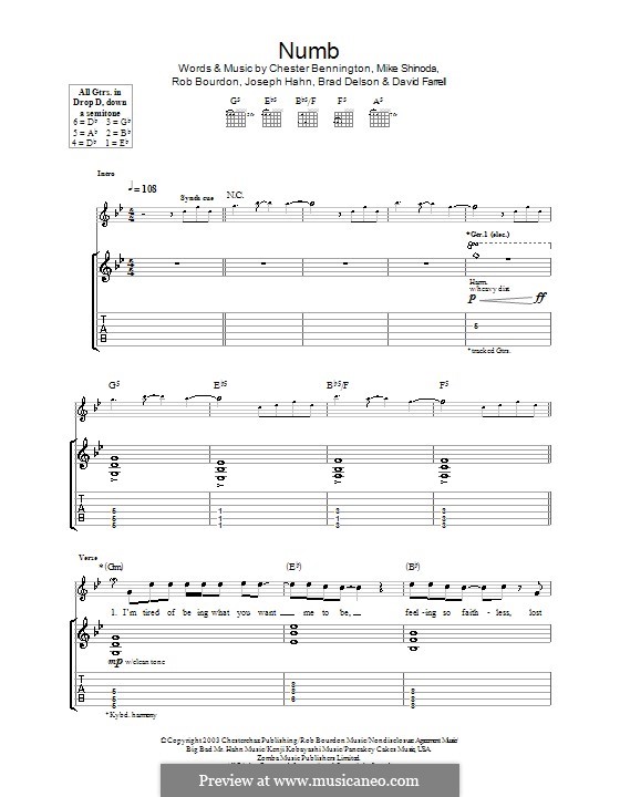 Numb (Linkin Park): Für Gitarre mit Tabulatur by Brad Delson, Charles Bennington, David Farrell, Joseph Hahn, Mike Shinoda, Rob Bourdon
