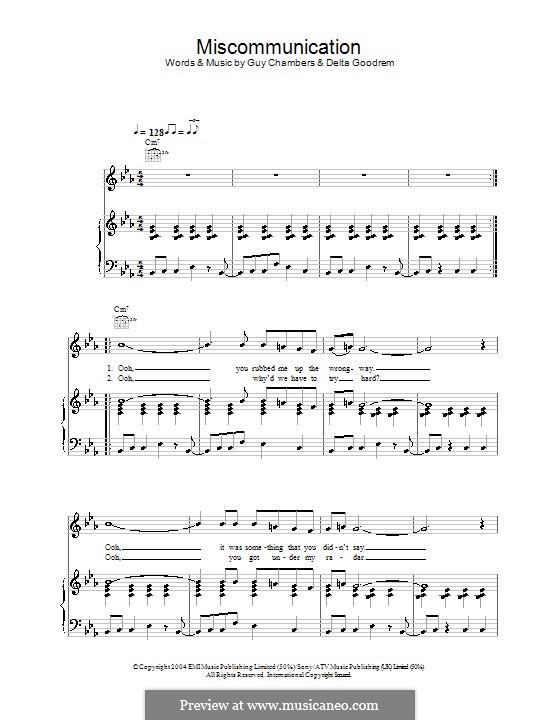 Miscommunication (Delta Goodrem): Für Stimme und Klavier (oder Gitarre) by Guy Chambers