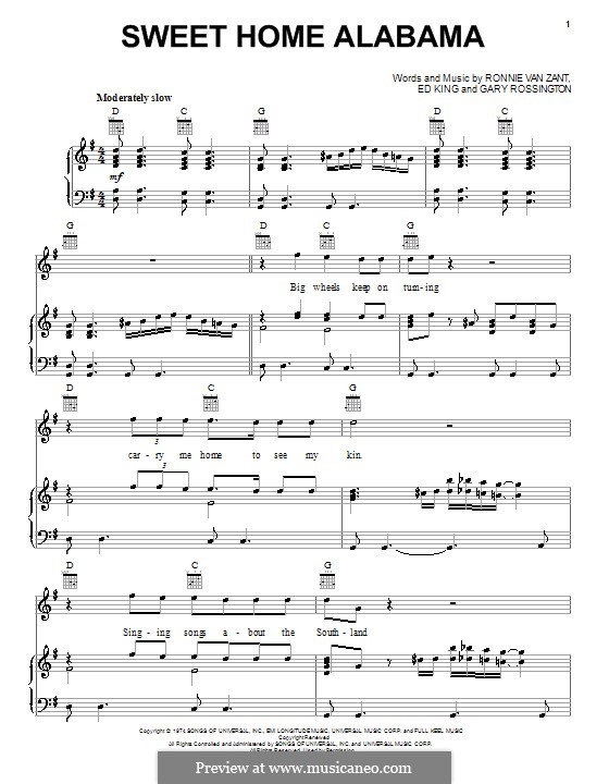 Sweet Home Alabama (Lynyrd Skynyrd): Für Stimme und Klavier (oder Gitarre) by Ed King, Gary Rossington, Ronnie Van Zant