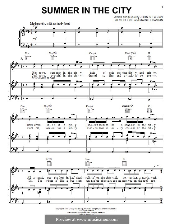 Summer in the City (The Lovin' Spoonful): Für Stimme und Klavier (oder Gitarre) by John B. Sebastian, Mark Sebastian, Steve Boone