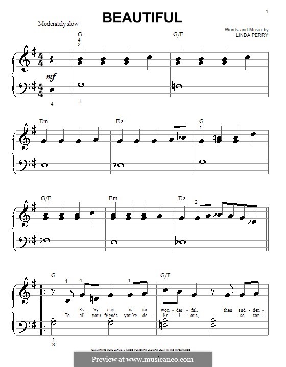 Beautifull (Christina Aguilera & Beverly McClellan): Für Klavier (sehr leichte Fassung) by Linda Perry