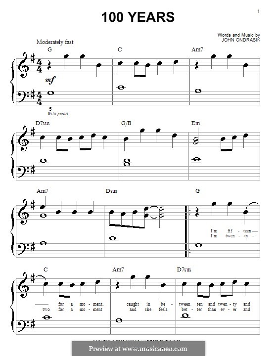 100 Years (Five for Fighting): Für Klavier (sehr leichte Fassung) by John Ondrasik