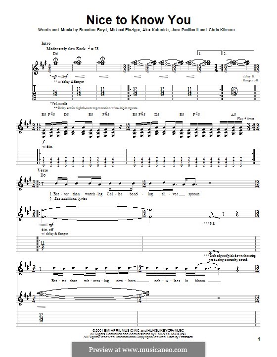 Nice to Know You (Incubus): Für Gitarre mit Tabulatur by Alex Katunich, Brandon Boyd, Chris Kilmore, Jose Pasillas II, Michael Einziger