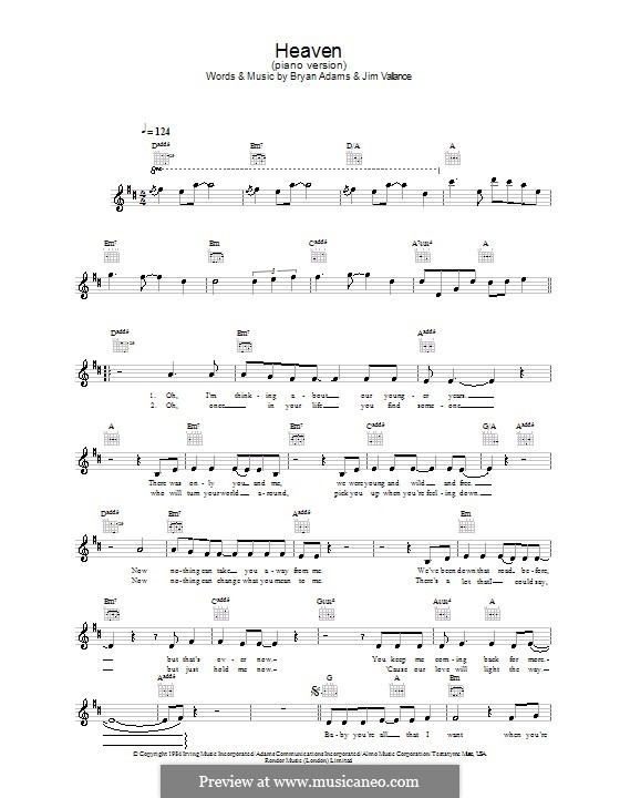 Heaven (DJ Sammy): Melodie, Text und Akkorde by Bryan Adams, Jim Vallance