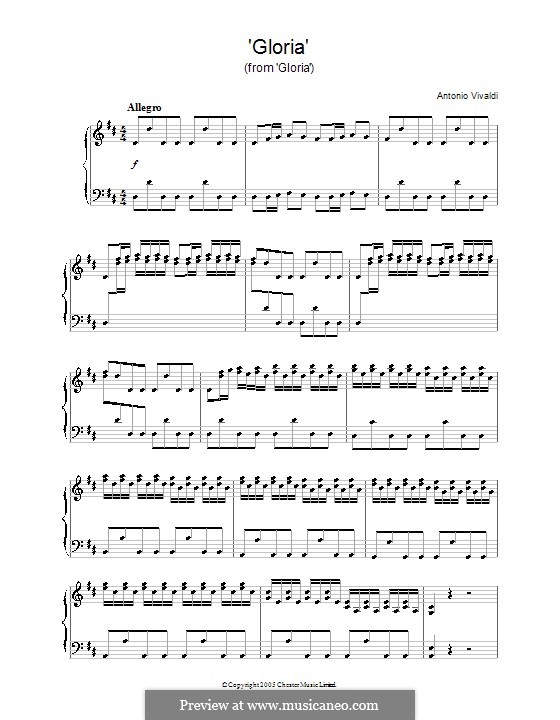Gloria, RV 589: Movement I 'Gloria', for piano by Antonio Vivaldi