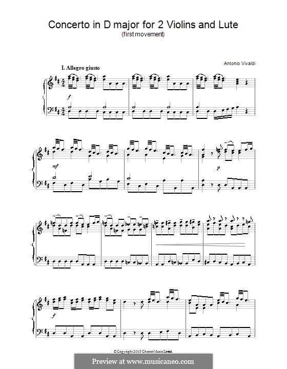 Konzert für zwei Violinen und Laute in D-Dur: Teil I. Version für Klavier by Antonio Vivaldi