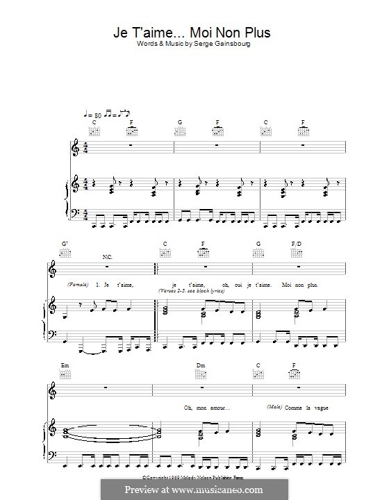 Je T'aime... Moi Non Plus: Für Stimme und Klavier (oder Gitarre) by Serge Gainsbourg