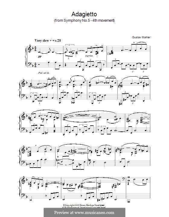 Sinfonie Nr.5 in cis-Moll: Movement IV Adagietto (Theme). Version for piano by Gustav Mahler