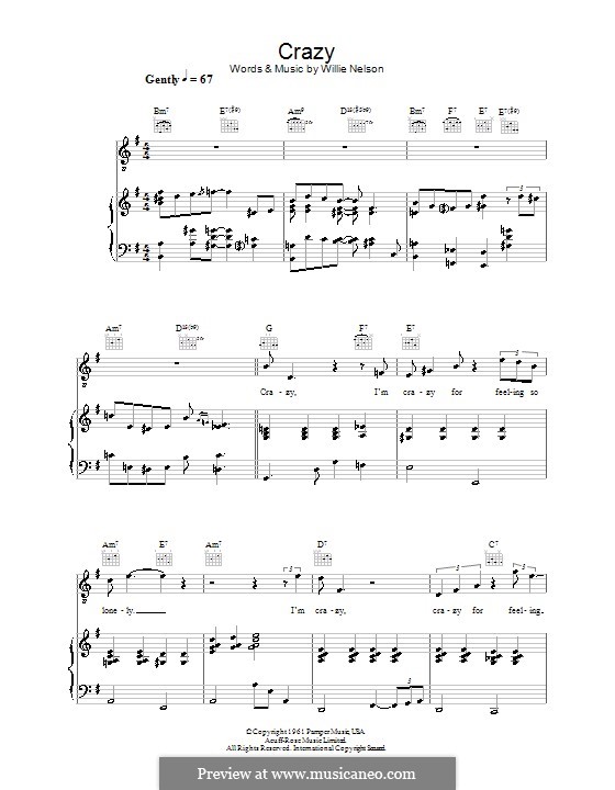 Crazy (Patsy Cline): Für Stimme und Klavier (oder Gitarre) by Willie Nelson