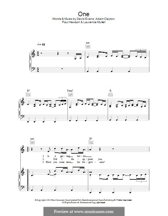 One: Für Stimme und Klavier (oder Gitarre) by U2, Adam Clayton, David Evans, Larry Mullen Jr., Paul Hewson