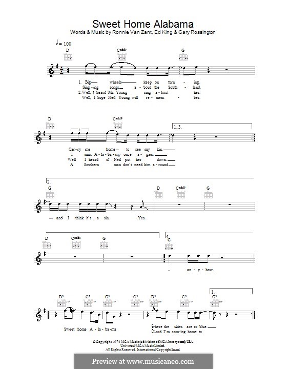 Sweet Home Alabama (Lynyrd Skynyrd): Melodie, Text und Akkorde by Ed King, Gary Rossington, Ronnie Van Zant