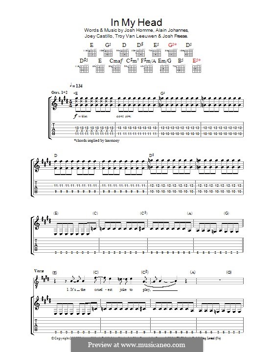In My Head (Queens of the Stone Age): Für Gitarre mit Tabulatur by Alain Johannes, Joey Castillo, Joshua Freese, Joshua Homme, Troy Van Leeuwen