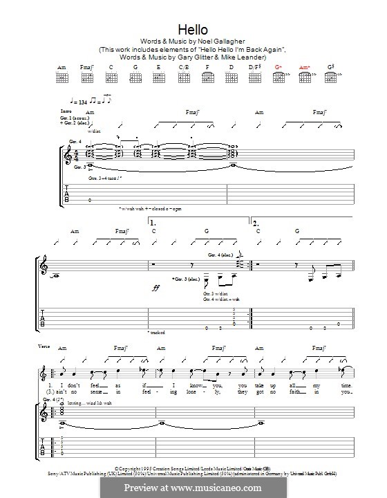 Hello (Oasis): Für Gitarre mit Tabulatur by Noel Gallagher