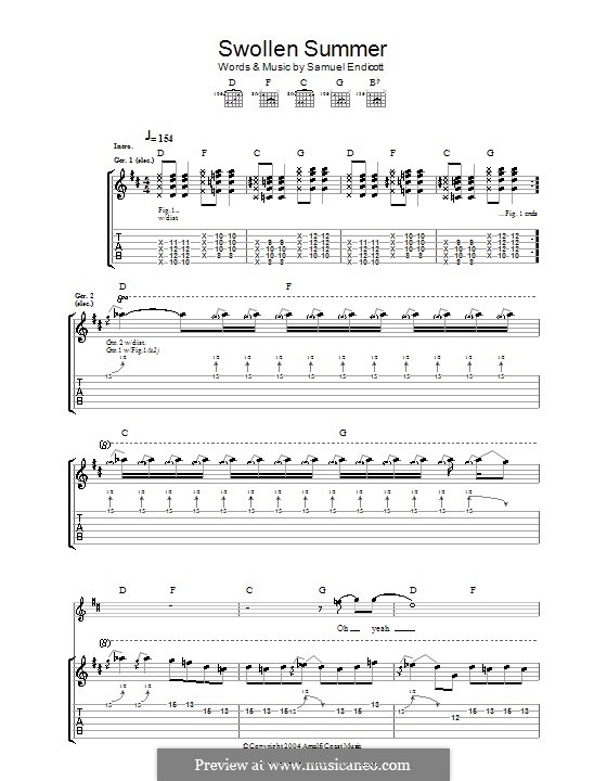 Swollen Summer (The Bravery): Für Gitarre mit Tabulatur by Samuel Endicott