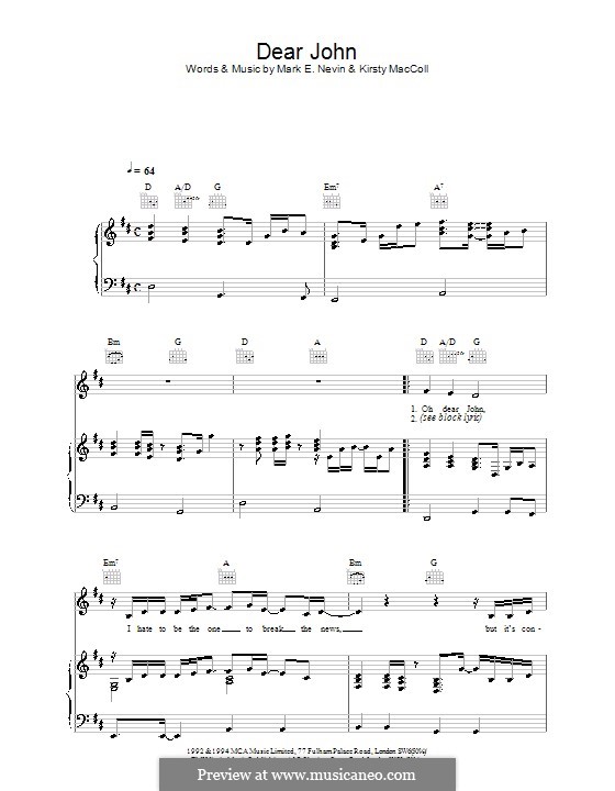 Dear John (Eddi Reader): Für Stimme und Klavier (oder Gitarre) by Kirsty MacColl, Mark E. Nevin