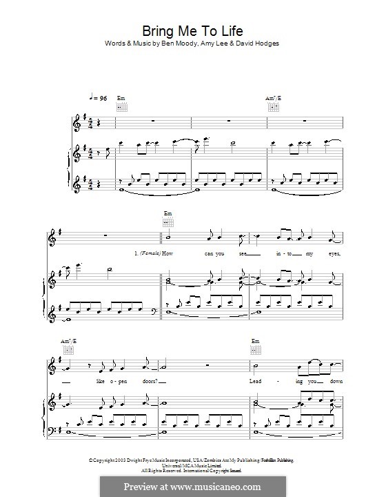 Bring Me to Life (Evanescence): Für Stimme und Klavier (oder Gitarre) by Amy Lee, Ben Moody, David Hodges