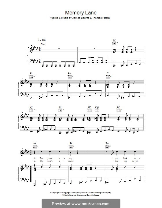 Memory Lane (McFly): Für Stimme und Klavier (oder Gitarre) by Tom Fletcher, James Bourne