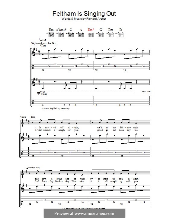 Feltham Is Singing Out (Hard-Fi): Für Gitarre mit Tab by Richard Archer