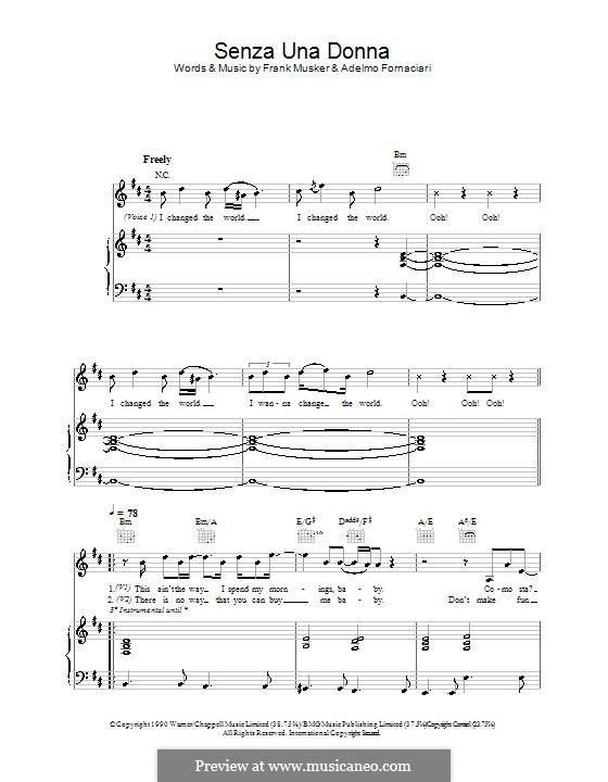 Senza Una Donna (Without a Woman): Für Stimme und Klavier (oder Gitarre) by Adelmo Fornaciari, Frank Musker