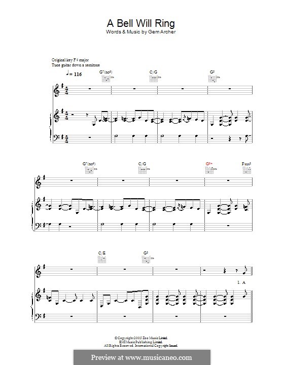 A Bell Will Ring (Oasis): Für Stimme und Klavier (oder Gitarre) by Gem Archer