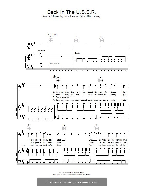Back in the USSR (The Beatles): Für Stimme und Klavier oder Gitarre (A-Dur) by John Lennon, Paul McCartney