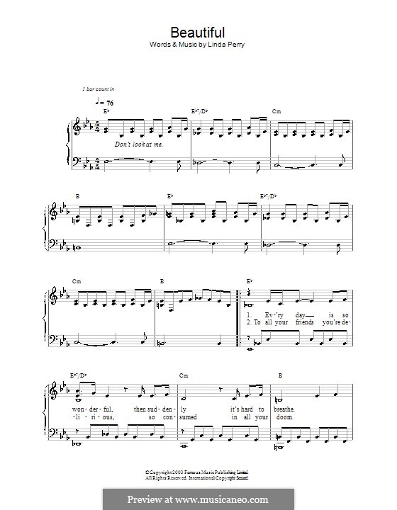 Beautifull (Christina Aguilera & Beverly McClellan): Für Klavier (leicht, mit Akkordenbezeichnung) by Linda Perry